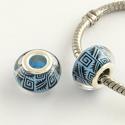 Large Hole Acrylic European Beads, with Platinum Plated Brass Double Cores, Rondelle, Deep Sky Blue, 14x9mm, Hole: 5mm