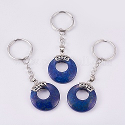 Porte-clés lapis lazuli naturel, avec porte-clés en fer plaqué platine et accessoires en alliage, teinte, plat rond, 84mm
