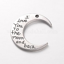 Tibetan Style Alloy Pendants, Moon with Word for Love, Lead Free, Antique Silver, 29.5x27x2mm, Hole: 2mm