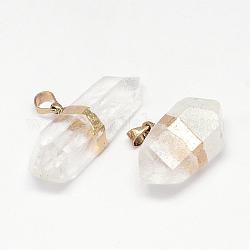 Pendentifs pointus à double extrémité en cristal de quartz naturel, cristal de roche, balle, avec les accessoires en laiton, or, 18~34x8~14x10~11mm, Trou: 5x8mm