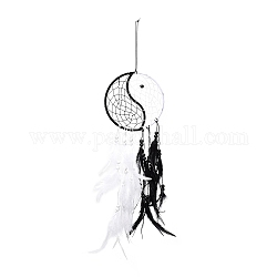 Yin-Yang-gewebtes Netz/Netz mit Federanhänger-Dekoration, mit Holzperlen, für Zuhause Schlafzimmer Auto Ornamente Geburtstagsgeschenk, Schwarz, 630 mm