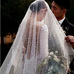 Veli da sposa con perline di plastica e tulle a maglia lunga, per le decorazioni della festa nuziale delle donne, bianco, 2000x1500mm
