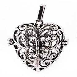 Rack Plating Brass Cage Pendants, For Chime Ball Pendant Necklaces Making, Hollow Heart, Antique Silver, 30x34x18mm, Hole: 3.5x7mm, inner measure: 22x25mm