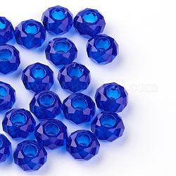 Abalorios europeas de vidrio, Abalorios de grande agujero, sin núcleo metálico, rerondana plana, azul oscuro, 14x8mm, agujero: 5 mm
