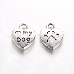 Tibetan Style Alloy Charms Pendants, Cadmium Free & Nickel Free & Lead Free, Heart with word Love My Dog, Antique Silver, 13x10x3mm, Hole: 2mm