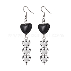 Acrylic & Glass Heart with Enamel Dangle Earrings, 304 Stainless Steel Long Drop Earrings, Black, 87x18.5mm