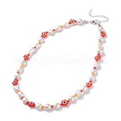 Collier de perles de perles naturelles, collier de perles de verre fleur millefiori fait main pour femme, couleur d'argent, rouge, 15.94 pouce (40.5 cm)
