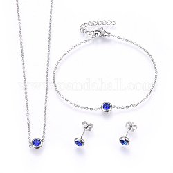 Kits de bijoux en 304 acier inoxydable, colliers pendants et boucles d'oreilles et bracelets, avec des strass, plat rond, bleu, couleur inoxydable, 16.54 pouce (42 cm), 6-3/4 pouce (17 cm), 6.5x3.5mm, pin: 0.8 mm
