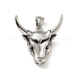 304 Stainless Steel Pendants, Bull Head, Antique Silver, 35x33x9mm, Hole: 8x5mm