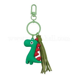 Joli porte-clés à pompon dinosaure en pvc, avec porte-clés fendu en alliage, verte, 5-7/8 pouce (15 cm), pendentif: 55x45x17.5mm et 82x10x10mm