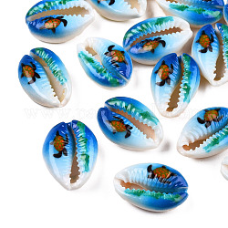 Perlas de concha de cowrie impresas, sin agujero / sin perforar, patrón de tortuga marina, azul dodger, 17.5~21.5x12~14.5x5.5~7.5mm
