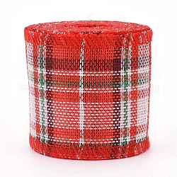 Polyester Imitation Linen Ribbon, Linen Wired Edge Ribbon, Tartan Pattern, for DIY Crafts, Christmas, Wedding, Home Decoration, Tomato, 2-3/8 inch(60mm), 5m/roll(5.5 yards/roll)