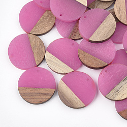 Pendenti in resina e legno di noce, rotondo e piatto, rosa caldo, 28.5x3.5~4mm, Foro: 1.5 mm