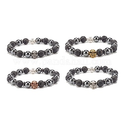 4Pcs 4 Color Natural Lava Rock & Synthetic Hematite Stretch Bracelets Set, Cross and Skull Alloy Beaded Bracelets for Women, Mixed Color, Inner Diameter: 2-1/4 inch(5.8cm), 1Pc/color