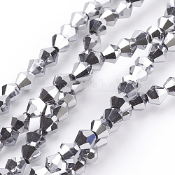 Electroplate Glass Beads Strands, Faceted, Bicone, Silver, 4x4mm, Hole: 1mm, about 92~96pcs/strand, 13.78~14.37 inch.
