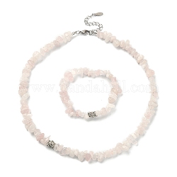 Collar de cuentas de chips de cuarzo rosa natural y pulsera elástica, conjunto de joyas de piedras preciosas, 16-3/8 pulgada (41.7 cm), diámetro interior: 2 pulgada (5 cm)