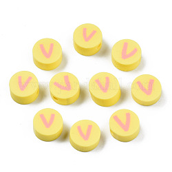 Perles en pâte polymère manuel, rond et plat avec alphabet, jaune, letter.v, 9x3.5~5mm, Trou: 1.6mm