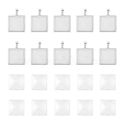 Unicraftale DIY Blank Pendant Making Kit, Including Square 304 Stainless Steel Pendant Cabochon Settings, Glass Cabochons, Stainless Steel Color, 20Pcs/box