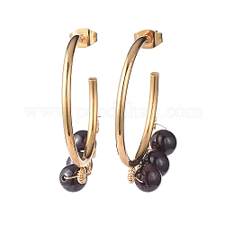 Stud Earrings, Half Hoop Earrings, with Natural Garnete Beads, Golden Plated 304 Stainless Steel Stud Earring Findings and Copper Wire, 39x32.5mm, Pin: 0.8mm