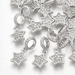 Charms pendenti europei in ottone con micro pavé di zirconi cubici, Ciondoli di grandi dimensioni, stella, chiaro, Vero platino placcato, 17mm, Foro: 4 mm, stella: 9.5x8x2.5 mm