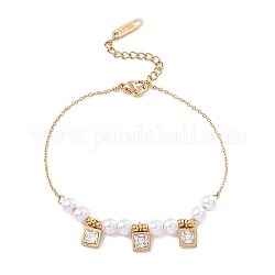 Bracelet à breloques carrées en zircone cubique avec perle acrylique, bijoux en acier inoxydable plaqué or 304 pour femme, clair, 6-3/4 pouce (17 cm)