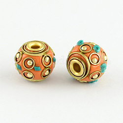 2PCS DIY Findings Round Handmade Indonesia Beads, with Alloy Antique Bronze Metal Color Cores, Coral, 12x13mm, Hole: 3mm