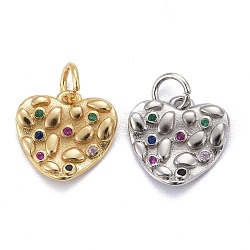 Brass Micro Pave Colorful Cubic Zirconia Charms, Long-Lasting Plated, Heart, Mixed Color, 12x12x2mm, Hole: 3mm