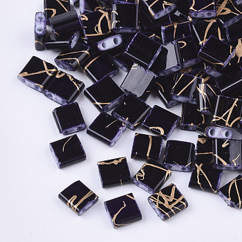 2-Hole Glass Seed Beads, Rectangle, Indigo, 5x4.5~5.5x2~2.5mm, Hole: 0.5~0.8mm