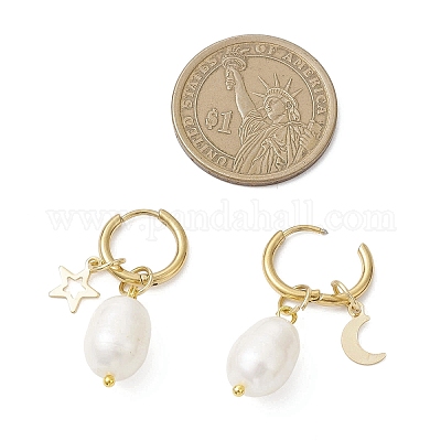 Серьги-кольца из натурального культивированного пресноводного жемчуга с рисунком в виде звезды и луны EJEW-JE06743-1