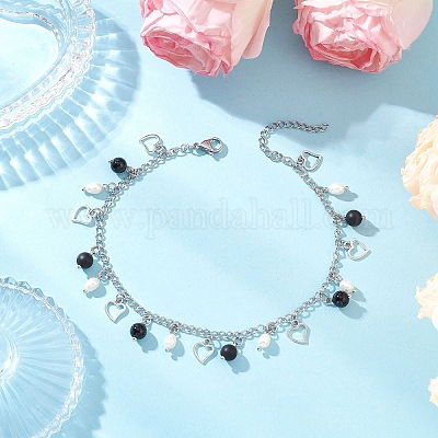 Браслеты на ногу из натурального черного агата (окрашенного и нагретого) с натуральным жемчугом и нержавеющей сталью 304 с цепочкой-кисточкой в форме сердца AJEW-AN00697-1