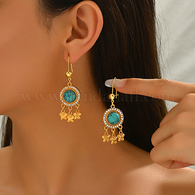 Серьги-кольца из богемного винтажного сплава с синтетической бирюзой CX1929-1