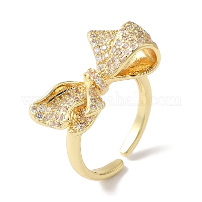 Открытые манжеты из латуни с бантом и микро-паве с прозрачным цирконием для женщин RJEW-C098-19G-1