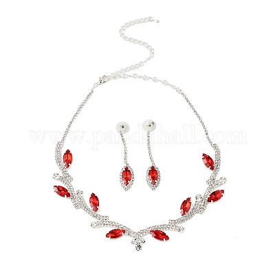 Комплект из висячих серег-гвоздиков и ожерелий с подвесками в виде листьев из латуни и страз для женщин SJEW-M102-03S-01-1