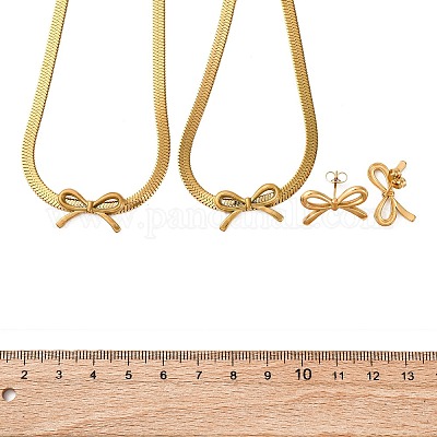 Комплекты из ожерелий и браслетов с подвесками и серег-гвоздиков из нержавеющей стали 304 с бантом SJEW-Z003-03G-1