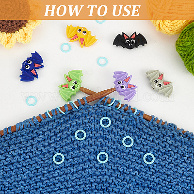 12 шт. 6-цветные силиконовые бусины на тему Хэллоуина с изображением летучих мышей и 50 шт. пластиковых колец-маркеров для вязания SIL-BC0001-11-1