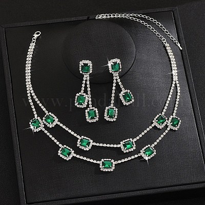 Прямоугольное латунное ожерелье из двухслойной цепочки со стразами и серьги-гвоздики FS-WG7C731-01-1