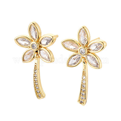Серьги-гвоздики с цветочным узором из латуни с микропаве из прозрачных кубических цирконий EJEW-T047-50G-1