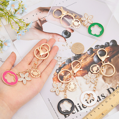 4 шт. 4-цветный брелок-подвеска в виде цветка со стразами и эмалью с подвеской-сплавом KEYC-GL0001-08-1