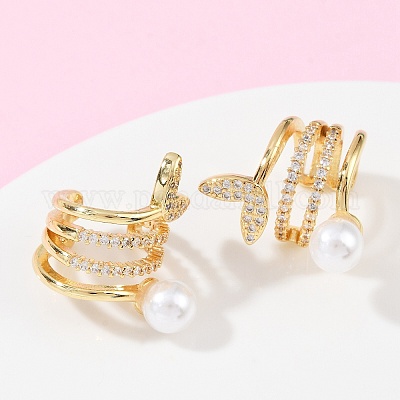 Серьги-каффы из латуни с микропаве из прозрачных кубических цирконий в форме рыбьего хвоста EJEW-Z111-04G-01-1