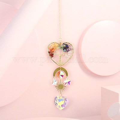 Обернутые проволокой подвески из натуральных смешанных драгоценных камней «Древо жизни» HJEW-K046-06G-02-1