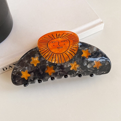 オレンジ色のセルロースアセテート製の爪型ヘアクリップ 太陽 100x45mm