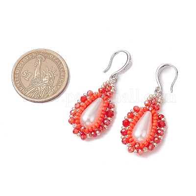 Серьги-подвески из искусственного акрилового жемчуга и стекла EJEW-MZ00390-01-1