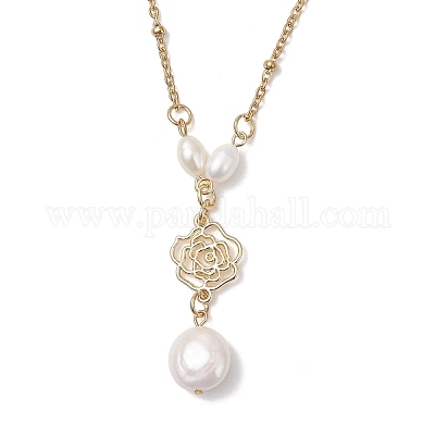 Женские ожерелья-спутники из нержавеющей стали 304 с плоским круглым кулоном в форме цветка из натурального жемчуга Кеши NJEW-JN05619-1