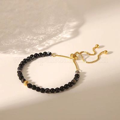 Регулируемые браслеты-слайдеры из натуральных круглых бусин черного агата LF2079-1-1