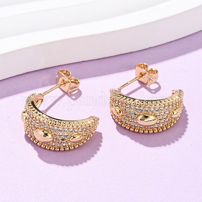 Серьги-гвоздики из латуни с микропаве из прозрачных кубических цирконий в форме буквы С и овалом EJEW-B153-17G-01-1