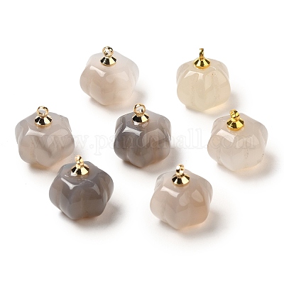 Подвески-тыквы из натурального серого агата с золотистыми латунными дужками G-C158-06G-03-1