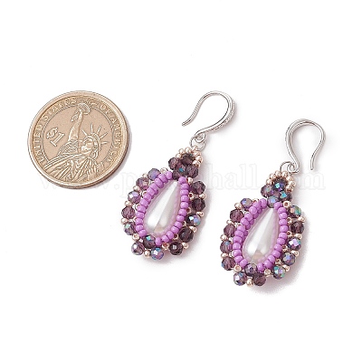 Серьги-подвески из искусственного акрилового жемчуга и стекла EJEW-MZ00390-03-1