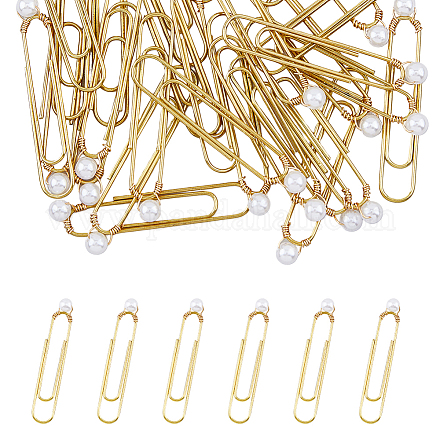 SUPERFINDINGS 30Pcs Iron Long Paper Clips Imitation Pearl Beads Bookmarks Golden 55~56mm Long Planner Clips Page Markers for School Office Document Organizing AJEW-AB00041-02-1
