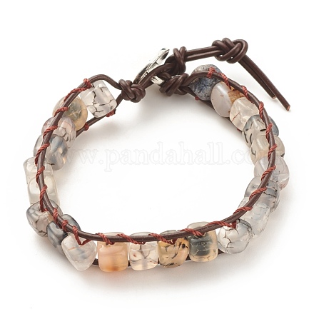 Плетеный браслет из бусин кубического натурального агата с деревом жизни из сплава BJEW-JB08250-06-1