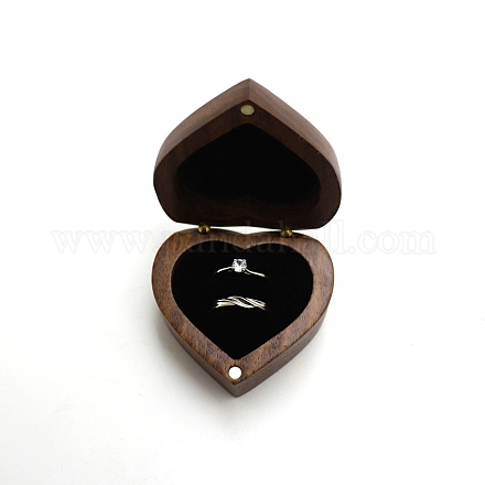 ハート木製カップルリングボックス  内側がベルベットの磁気ウッドリング収納ケース  結婚式のための  バレンタイン・デー  ブラック  6x5.5x3.3cm PW-WG29477-04-1